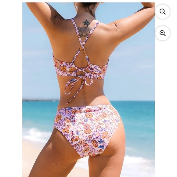 Cupshe Arty Petals Shirred Lace Back Bralette & Mid Rise Bikini Set - Picture 3 of 6